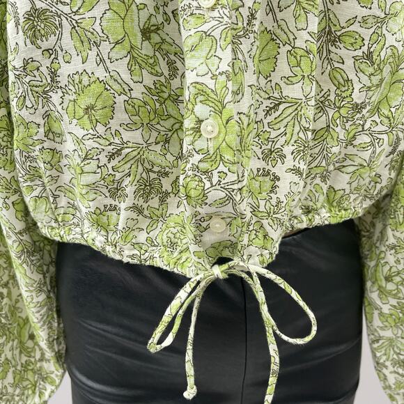 J. Crew Long Sleeve Linen Cropped Top Tossed Floral Green Women's Size Large - Picture 4 of 13